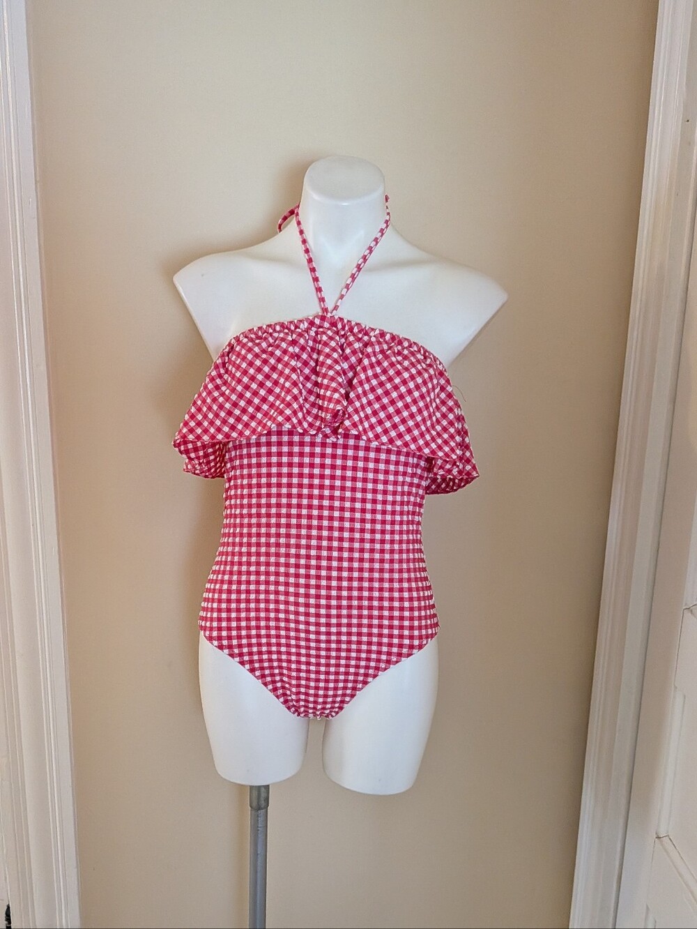 J. Crew Pink and White Gingham One-Piece Swimsuit